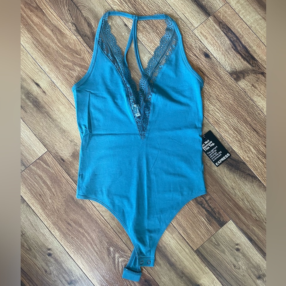 NWT Express Teal Deep V Lace Bodysuit